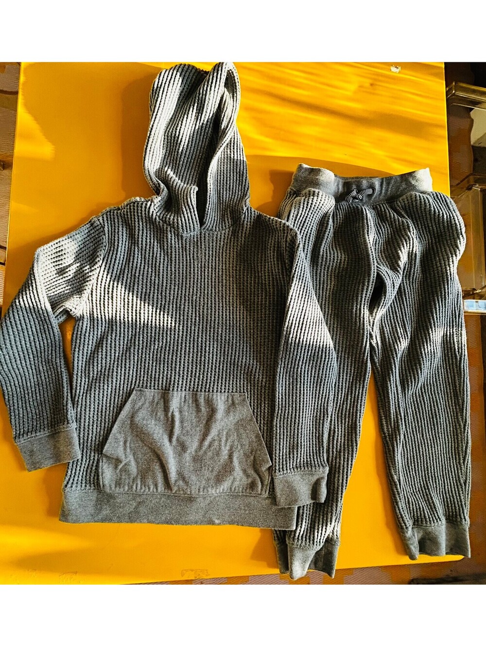 Cat and Jack Kids 2 Pc Grey Waffle Knit Hoodie Joggers Lounge Set Size M 8